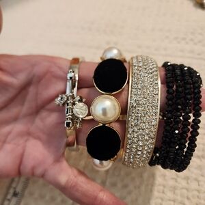 4 Pc Bracelet Lot Black Gold Silver Rhinestone Vintage